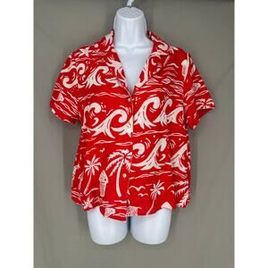 CC California Top Womens Small Red Linen Hawaiian Tropical Beach Button Camp